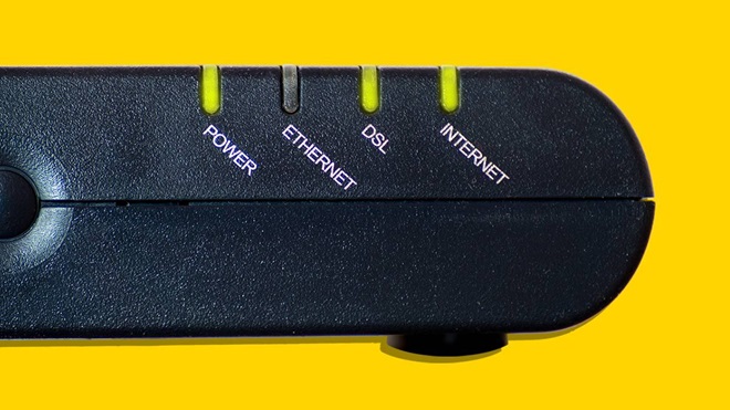 modem router lights on yellow background